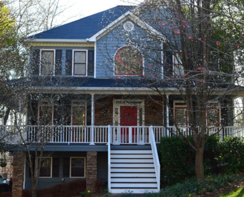 Woodstock House Painting | Exterior | Victorian home with white trim and cherry red accents