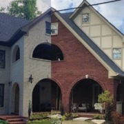 Before and After Exterior Composit Picture of the Morningside Rock Springs Atlanta Brick House Painting Project Using Romabio Masonry House Paint